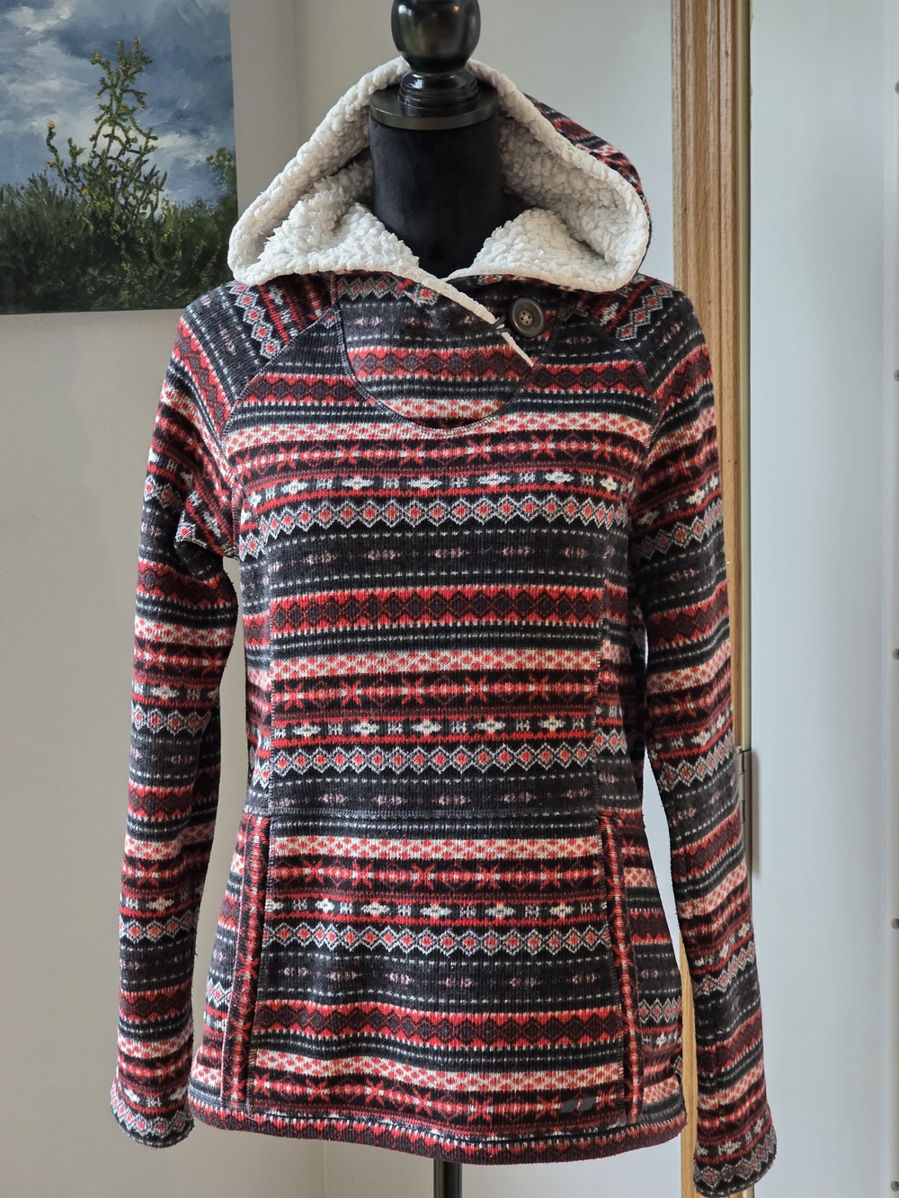 Koppen Women Size L Heavy Knit Fleece Hoodie-Red/ Black Tribal Pattern